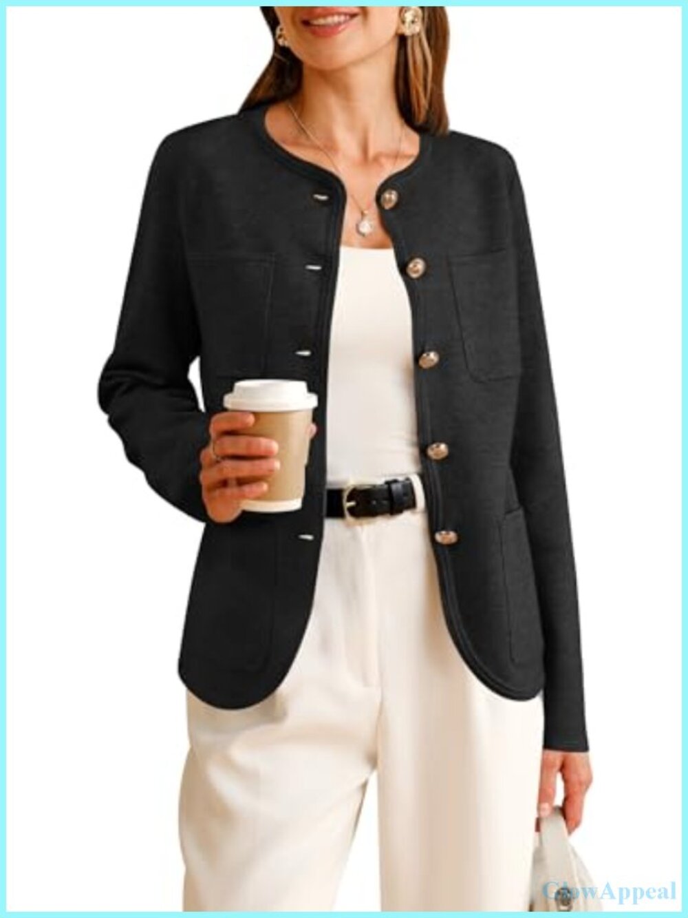 Wool Blend Collarless Blazer Gold Button Business Casual Jacket
